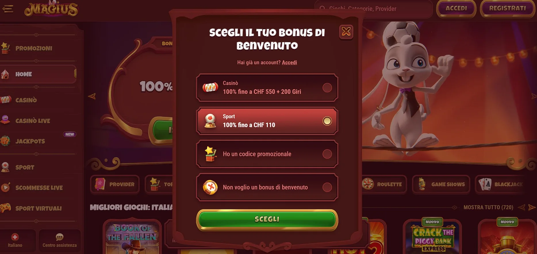 Magius Casino, il bonus di benvenuto del 100% fino a 550 euro e 200 giri per l'Italia